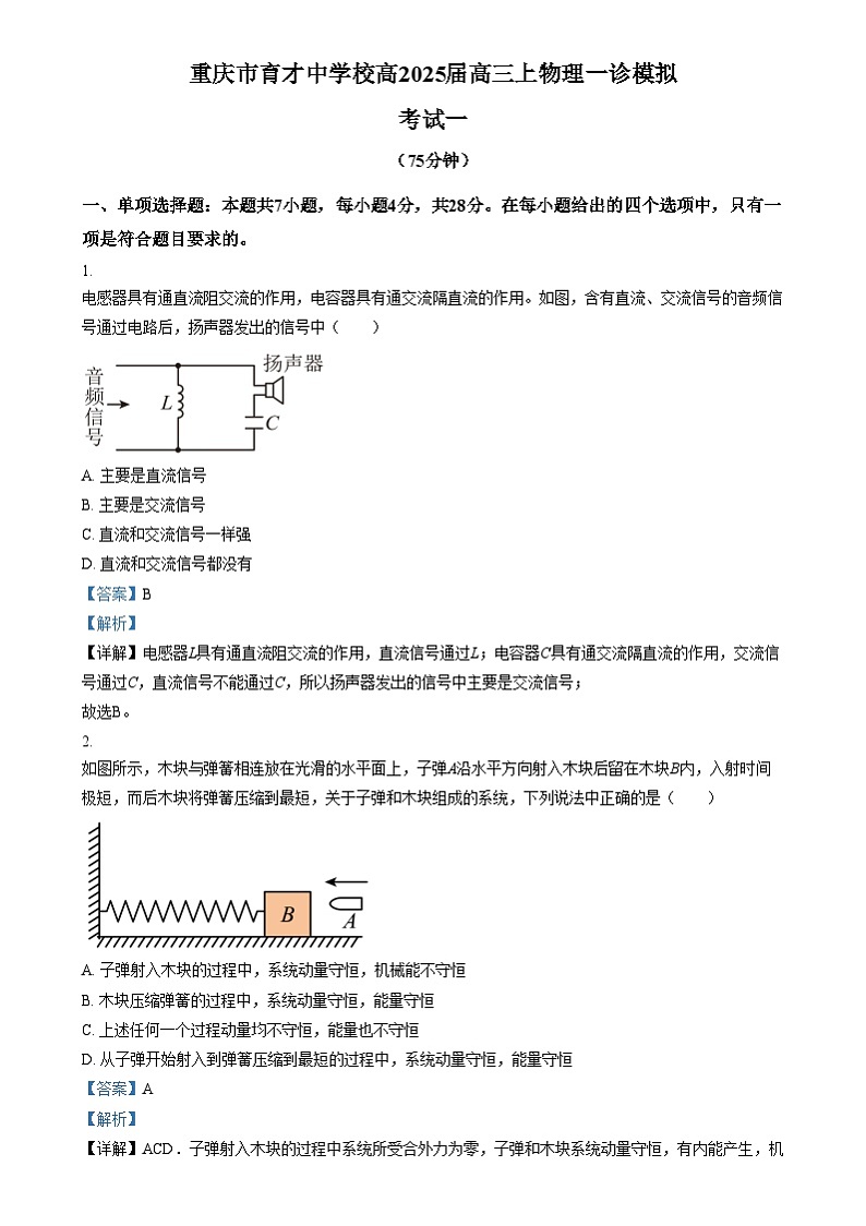 重庆市育才中学2025届高三上学期一模物理试卷（Word版附解析）第1页