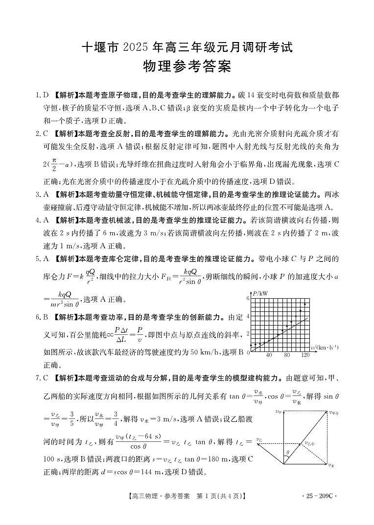 湖北省十堰市2025年高三年级元月调研考试物理答案第1页