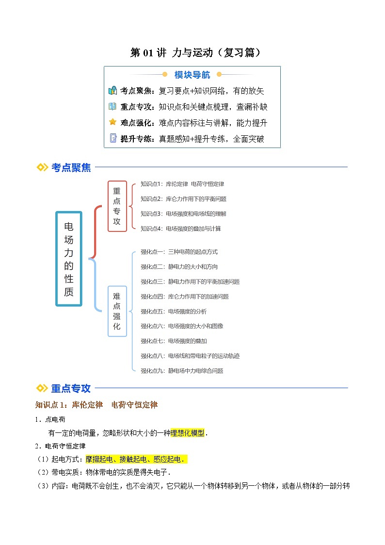 ①寒假复习-第01讲 电场力的性质（教师版）2025年高二物理寒假衔接讲练 (人教版)第1页