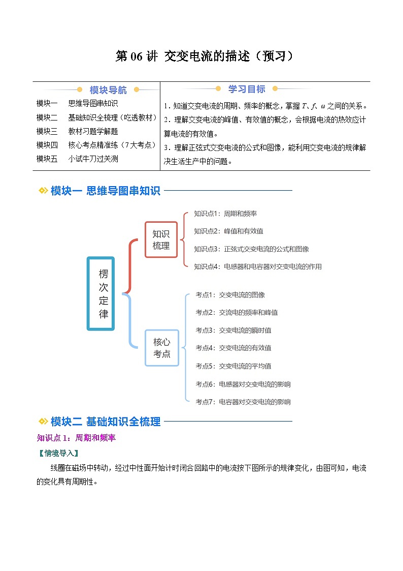 ②寒假预习-第06讲 交变电流的描述（4知识点+7考点）（教师版）2025年高二物理寒假衔接讲练 (人教版)第1页
