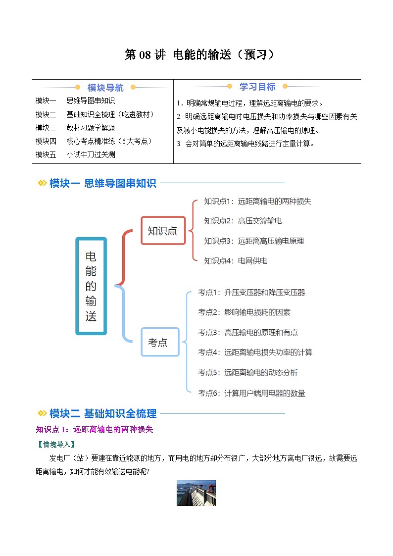 ②寒假预习-第08讲 电能的输送（4知识点+6考点）（教师版）2025年高二物理寒假衔接讲练 (人教版)第1页