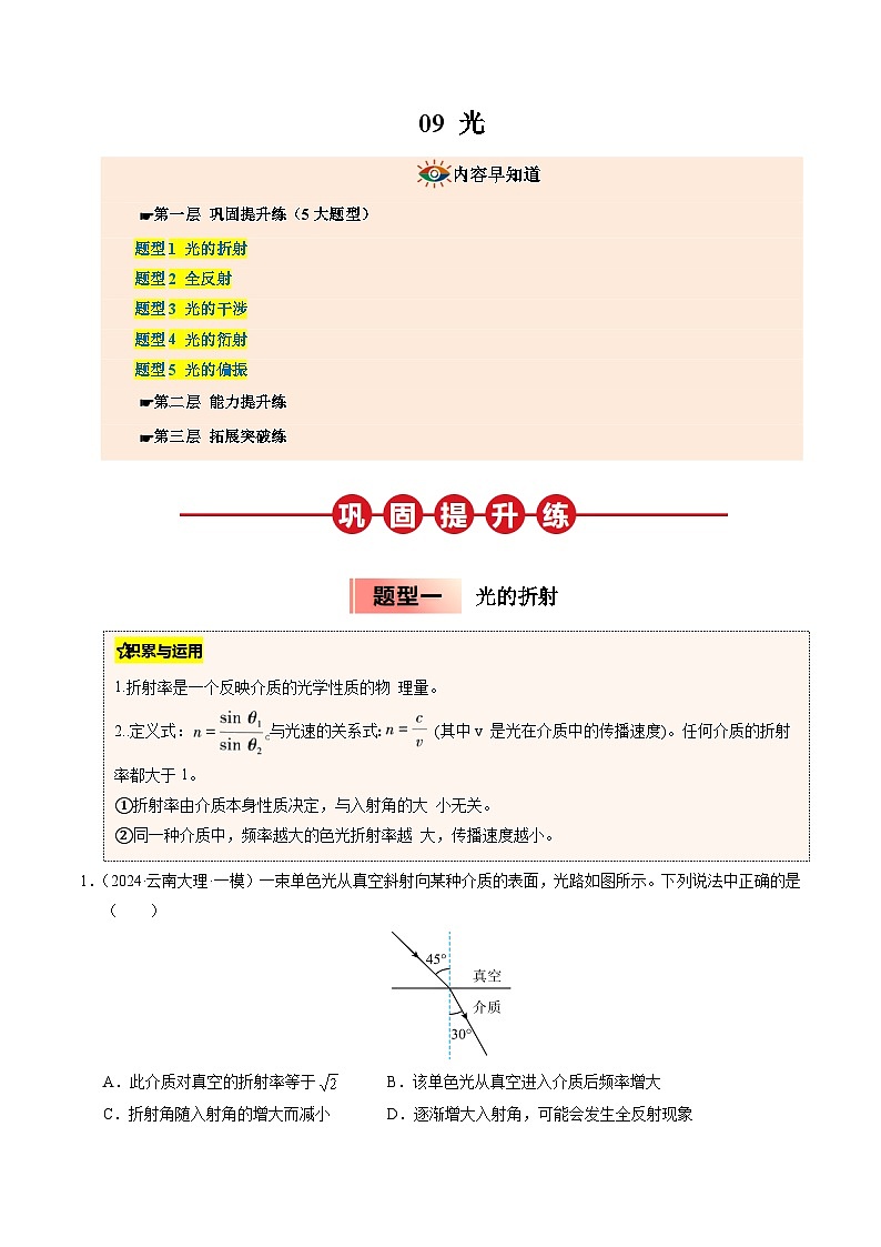 ③寒假提升练-09 光（教师版）2025年高二物理寒假衔接讲练 (人教版)第1页