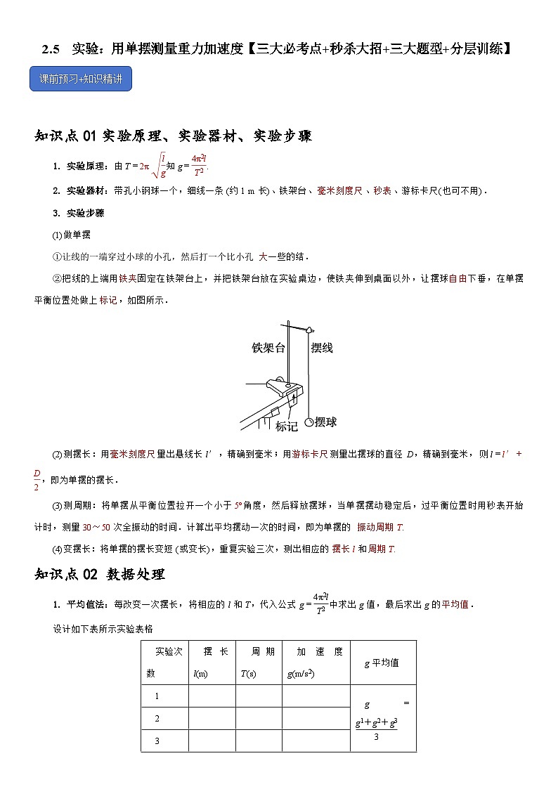 2.5  实验：用单摆测量重力加速度--2024-2025学年高二物理题型归类+解题大招（人教版2019选择性必修第一册）（解析版）第1页