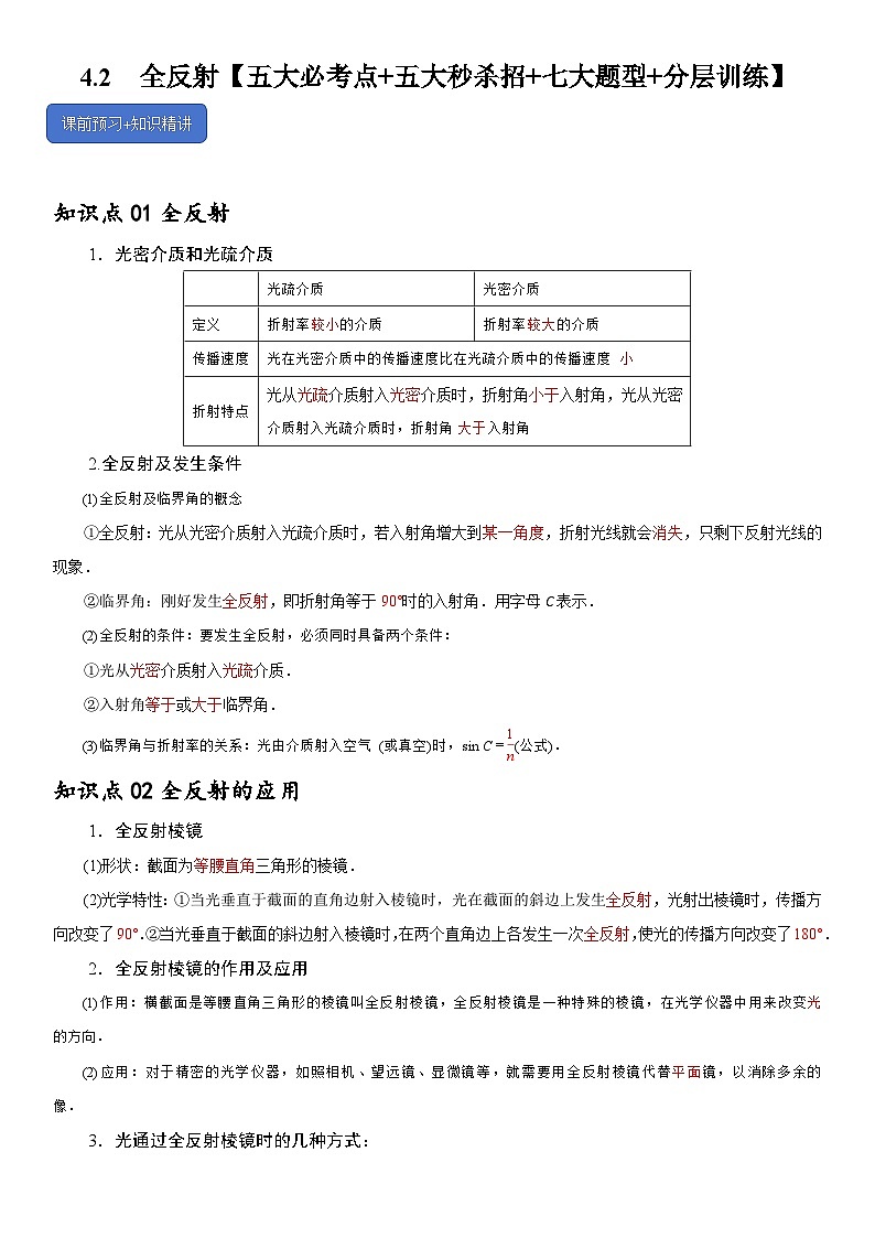 4.2  全反射-2024-2025学年高二物理题型归类+解题大招（人教版2019选择性必修第一册）（原卷版）第1页