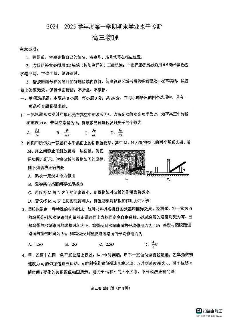 2025届山东烟台高三上学期期末物理试题（含答案）第1页