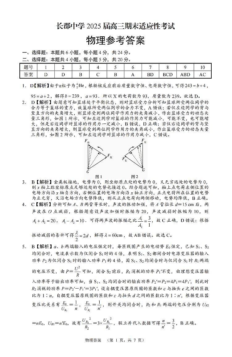 湖南省长沙市长郡中学2025届高三1月期末考试-物理答案（CJ）第1页