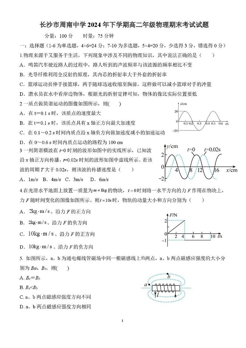 湖南周南中学2024-2025学年高二上学期期末考试物理试题第1页