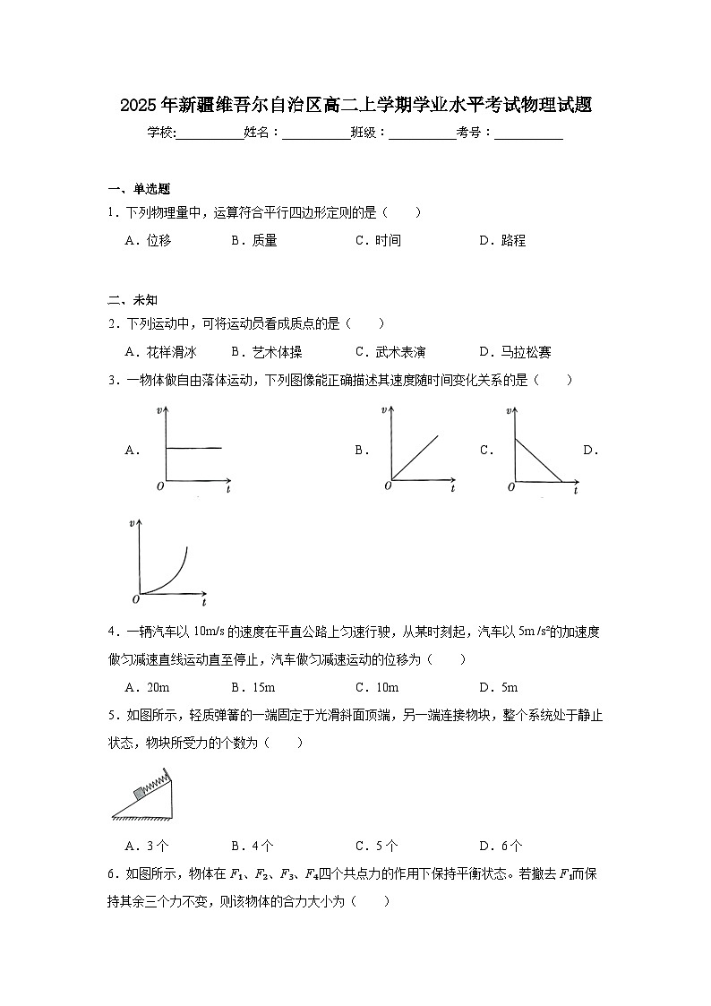 2025年新疆维吾尔自治区高二上学期学业水平考试物理试题第1页