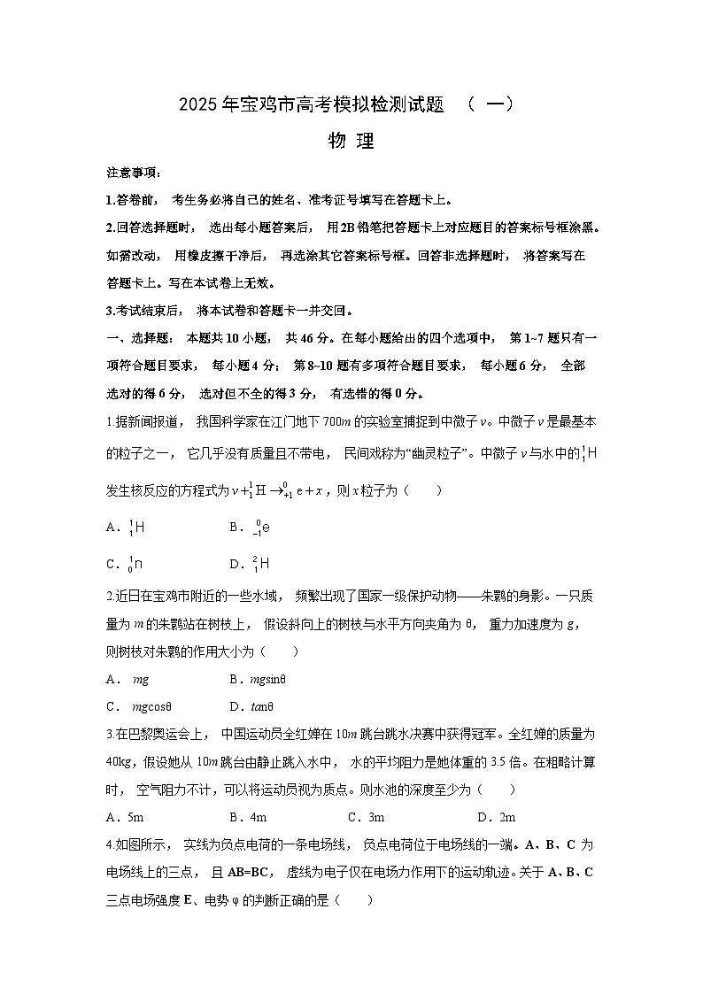2025届陕西省宝鸡市高三上模拟检测（一）物理试卷第1页