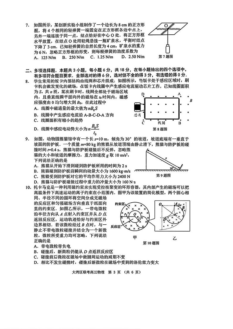 2025届广东省大湾区普通高中毕业年级联合模拟考试（一）高三物理试卷+答案（大湾区一模）第3页