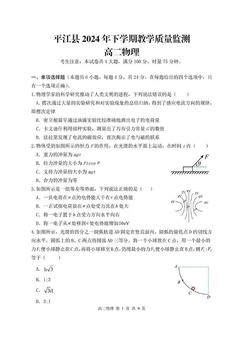湖南省岳阳市平江县2024-2025学年高二上学期期末考试物理试卷第1页