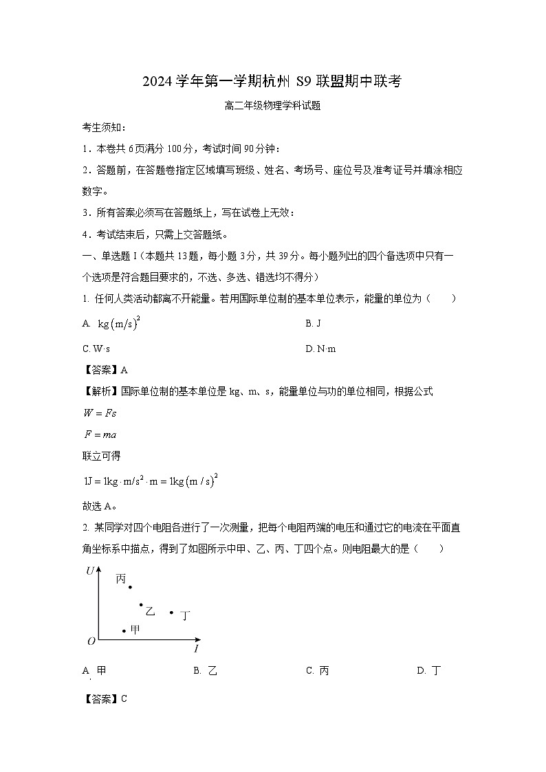 2024~2025学年浙江省s9联盟高二上学期11月期中联考物理试卷（解析版）第1页