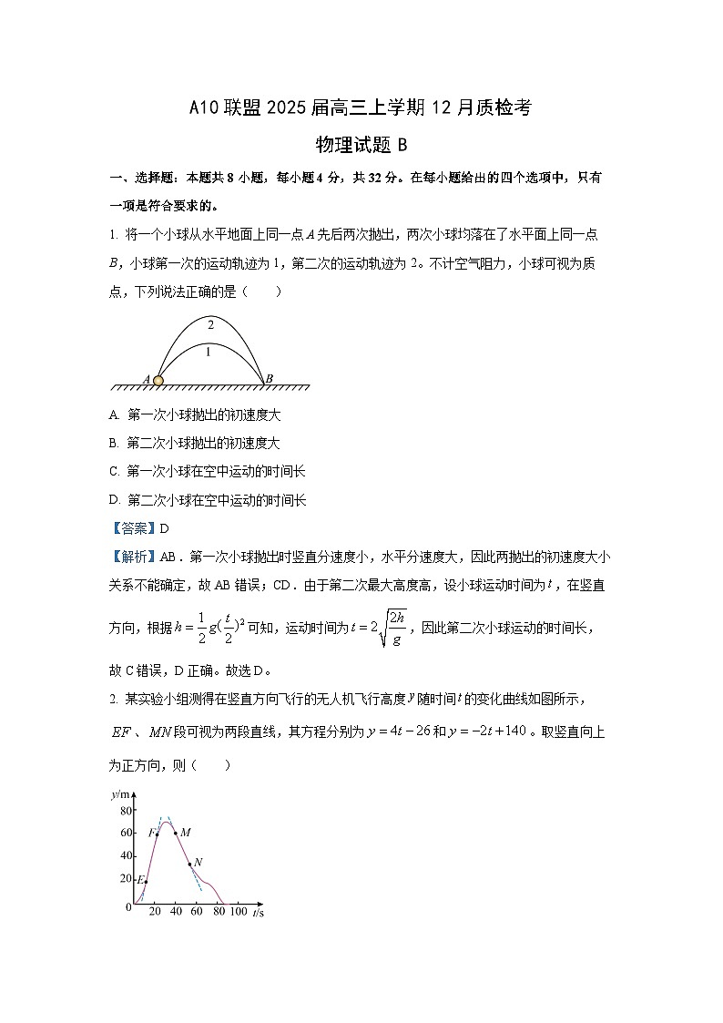 2024~2025学年安徽省A10联盟高三上学期12月质检（B卷）物理试卷（解析版）第1页