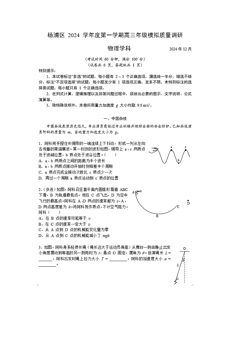 2025届上海市杨浦区高三上学期期末（一模）（图片版）物理试卷第1页