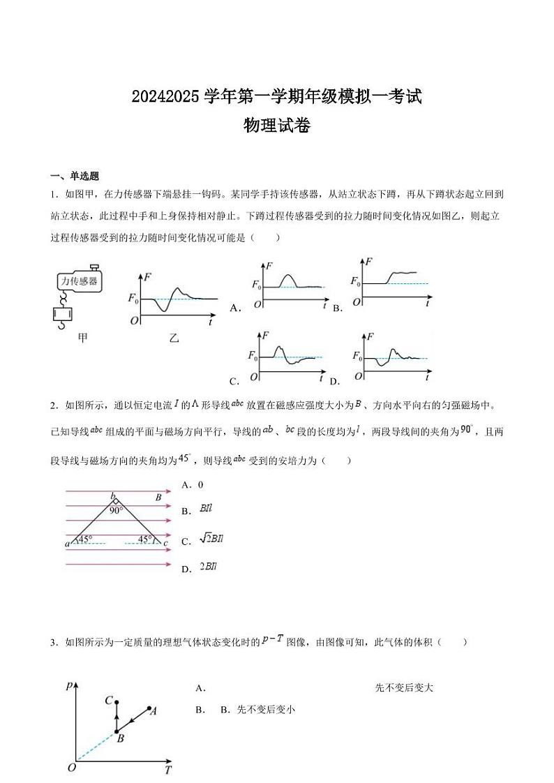 江苏泰州中学2025届高三高考一模考试试卷 物理试卷（含答案）第1页