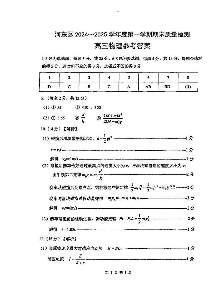 天津市河东区2024-2025学年高三上学期期末质量检测物理答案第1页