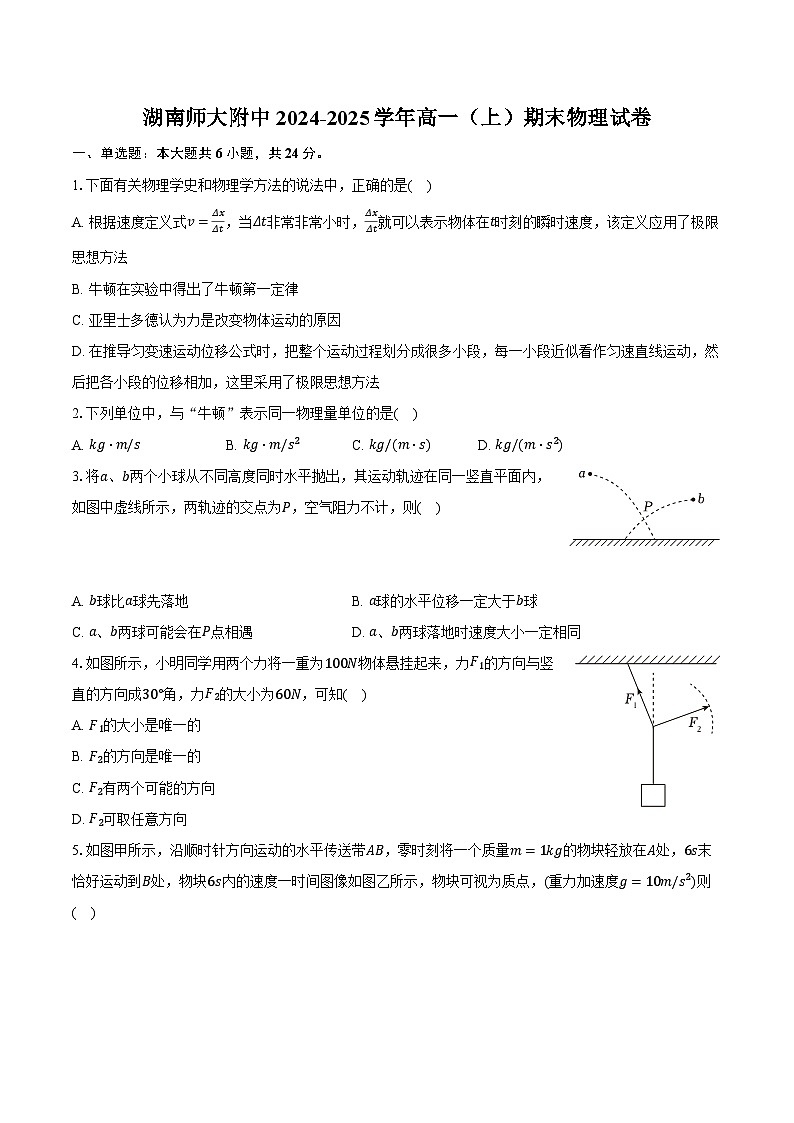 湖南师大附中2024-2025学年高一（上）期末物理试卷第1页