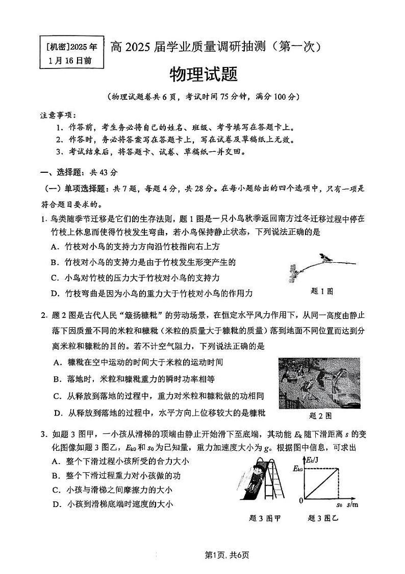 重庆主城五区2025届高三高考一模考试 物理试卷（原卷）第1页