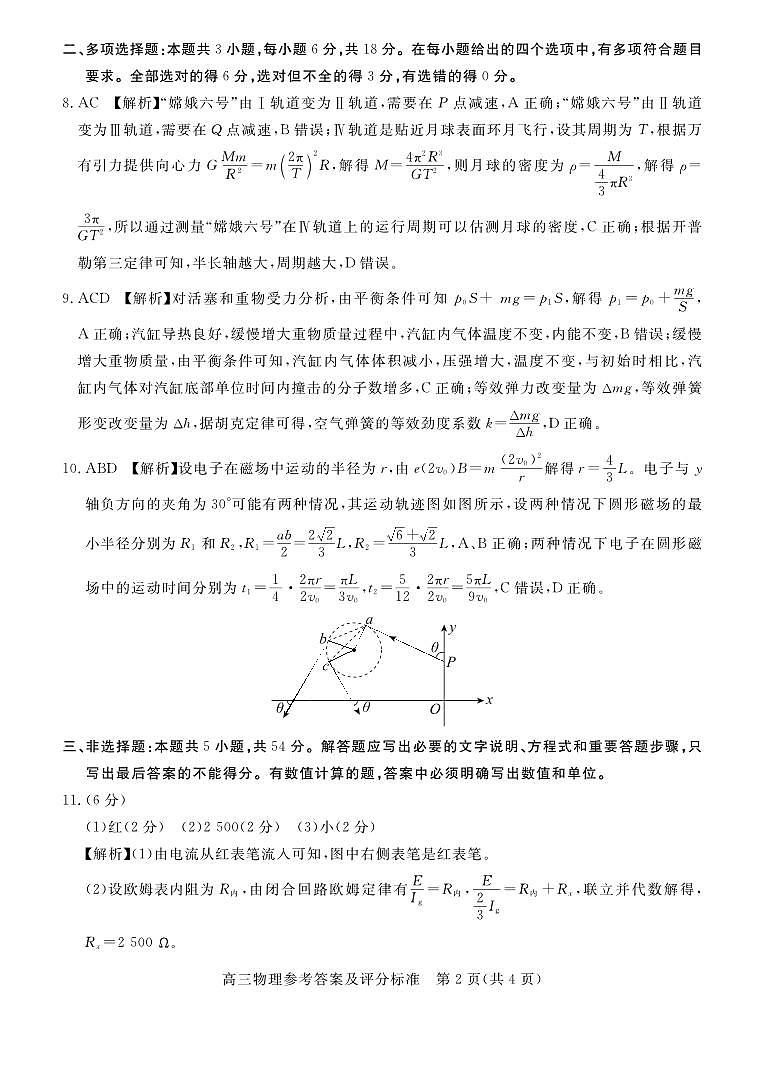 河北省张家口市2024~2025学年高三上学期期末教学质量监测物理答案第2页