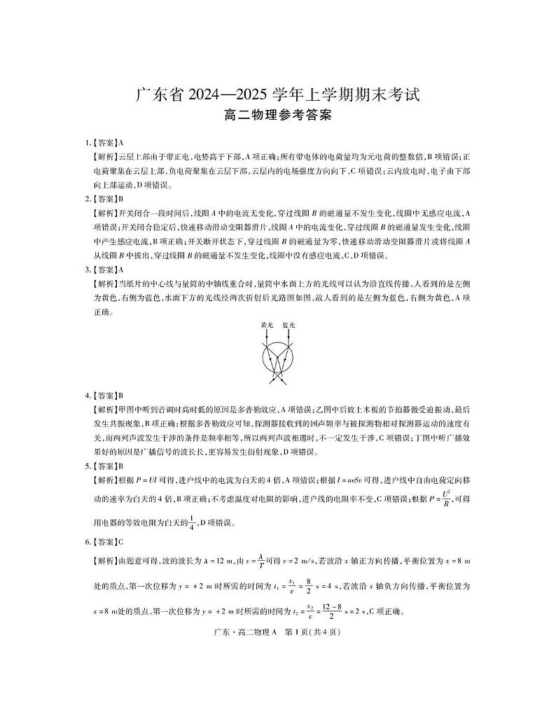 广东智慧上进2024-2025学年高二上学期1月期末物理答案第1页
