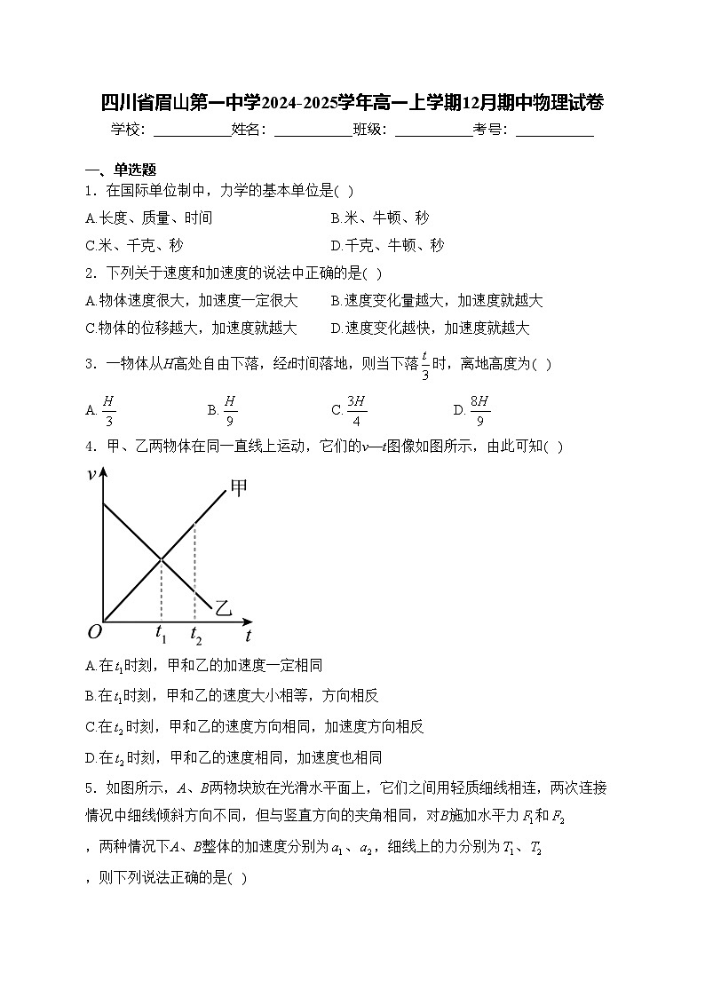 四川省眉山第一中学2024-2025学年高一上学期12月期中物理试卷(含答案)第1页