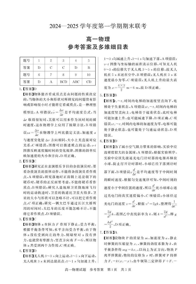 荆州八县 高一物理答案第1页