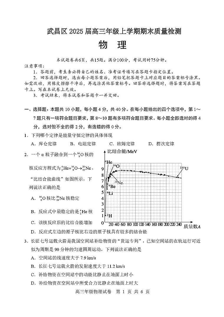 湖北省武汉市武昌区2024-2025学年高三上学期元月期末质量检测物理试卷第1页