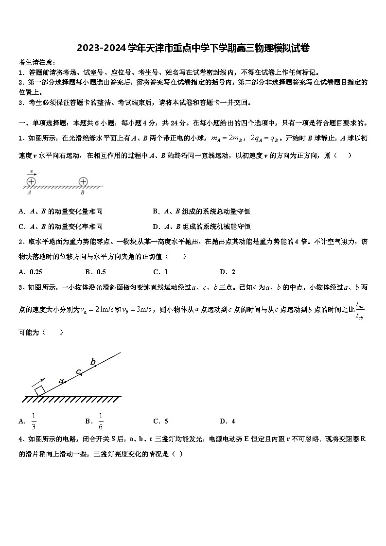 2023-2024学年天津市重点中学下学期高三物理模拟试卷第1页