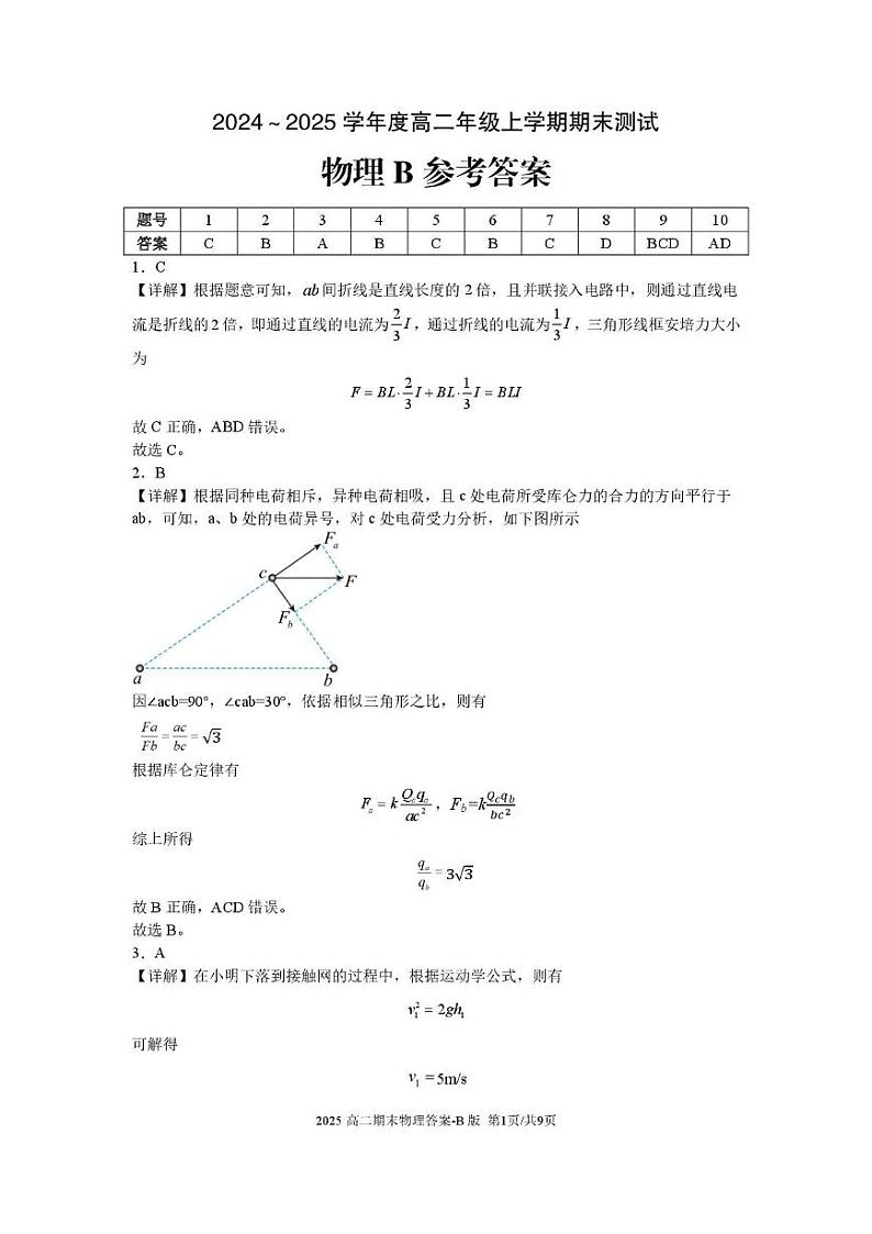 安徽省十联考2024-2025学年高二上学期1月期末测试物理答案第1页
