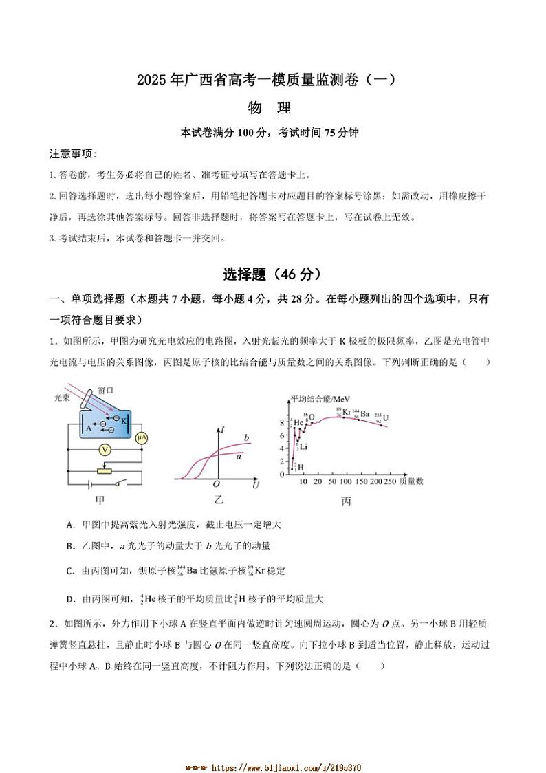 2025年广西省高考一模质量监测卷(一)物理试卷(原卷+解析卷)第1页