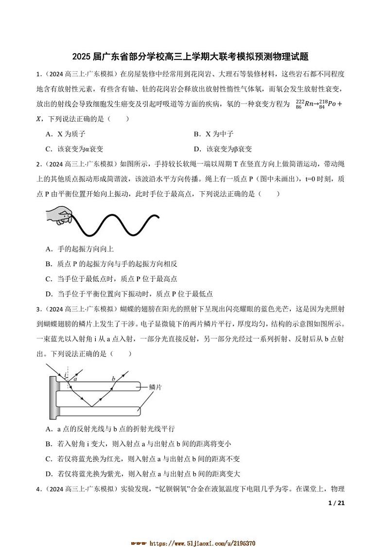 2025届广东省学校高三上大联考(月考)模拟预测物理试卷第1页