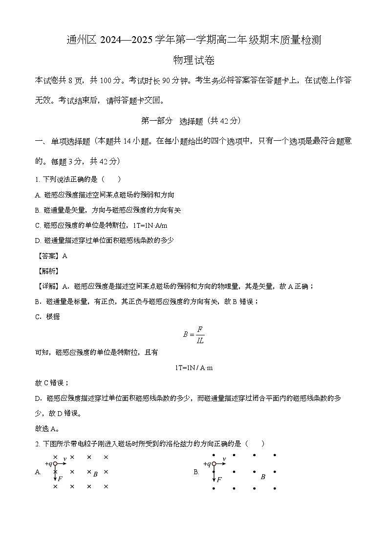北京市通州区2024-2025学年高二上学期1月期末 物理试题（含解析）第1页