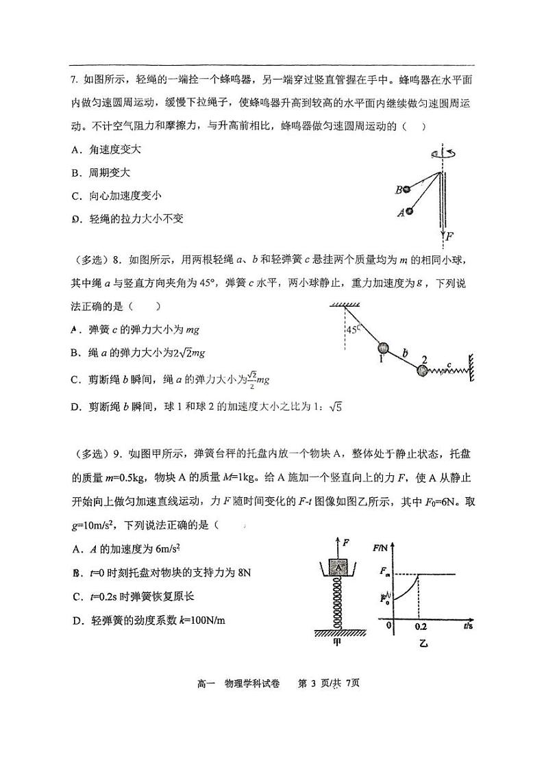 辽宁省大连市大连育明高级中学2024-2025学年高一上学期期末考试物理试卷第3页