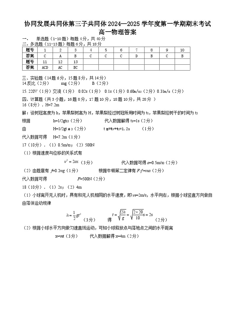 黑龙江省牡丹江市第三子共同体2024-2025学年高一上学期期末物理答案第1页