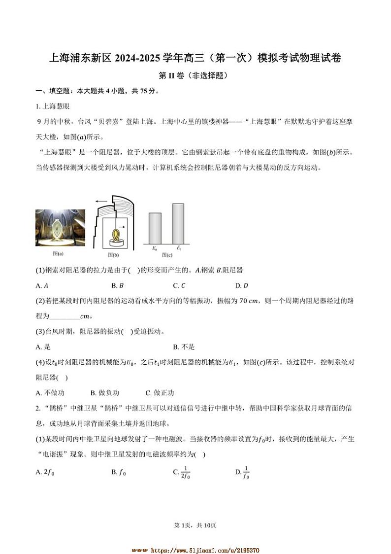 2024～2025学年海浦东新区高三上((一))高考模拟考试物理试卷(含答案)第1页