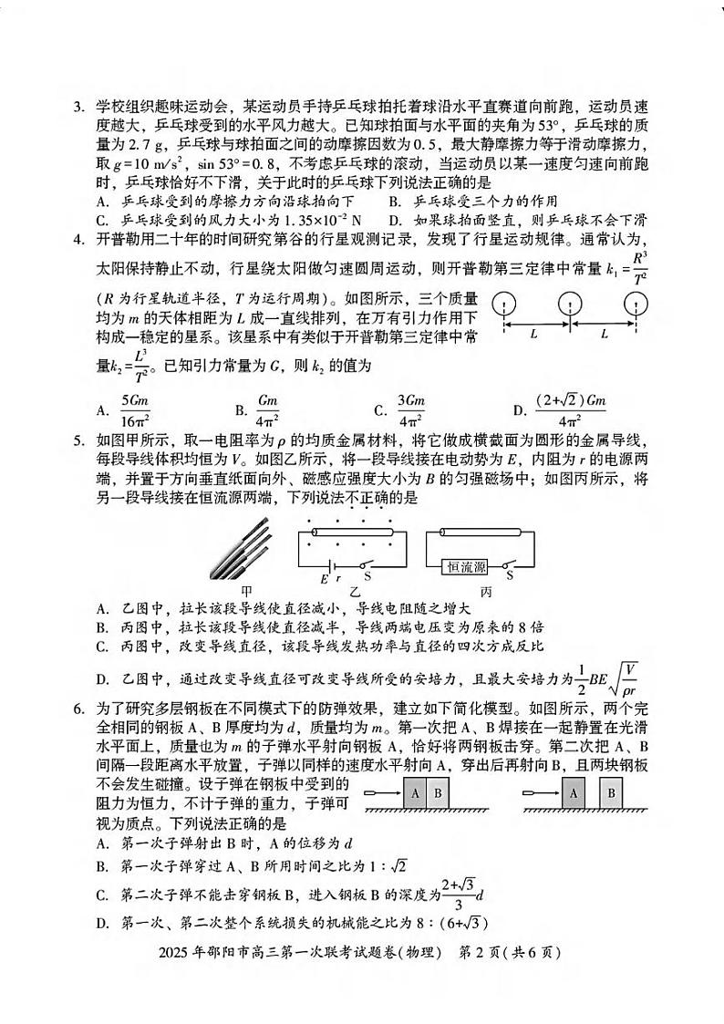 物理丨湖南省邵阳市2025届高三1月第一次联考暨期末考试物理试卷及答案第2页