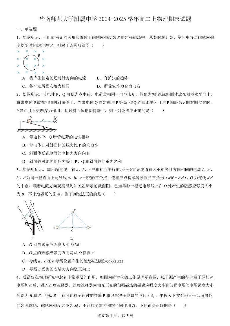 广州华南师大附中2024-2025学年高二上学期期末物理试题+答案第1页