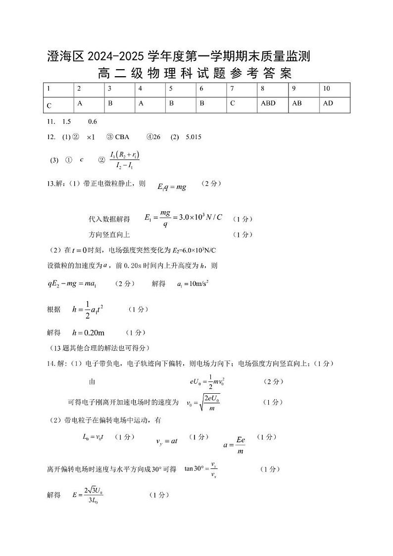 2024-2025（上）期末质量监测高二物理参考答案第1页