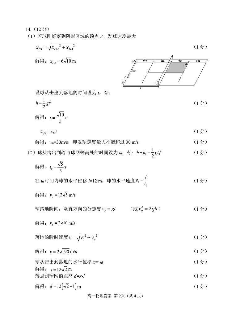 2024-2205学年度辽宁省大连市高一上学期期末考试物理学科及答案 高一物理答案第2页