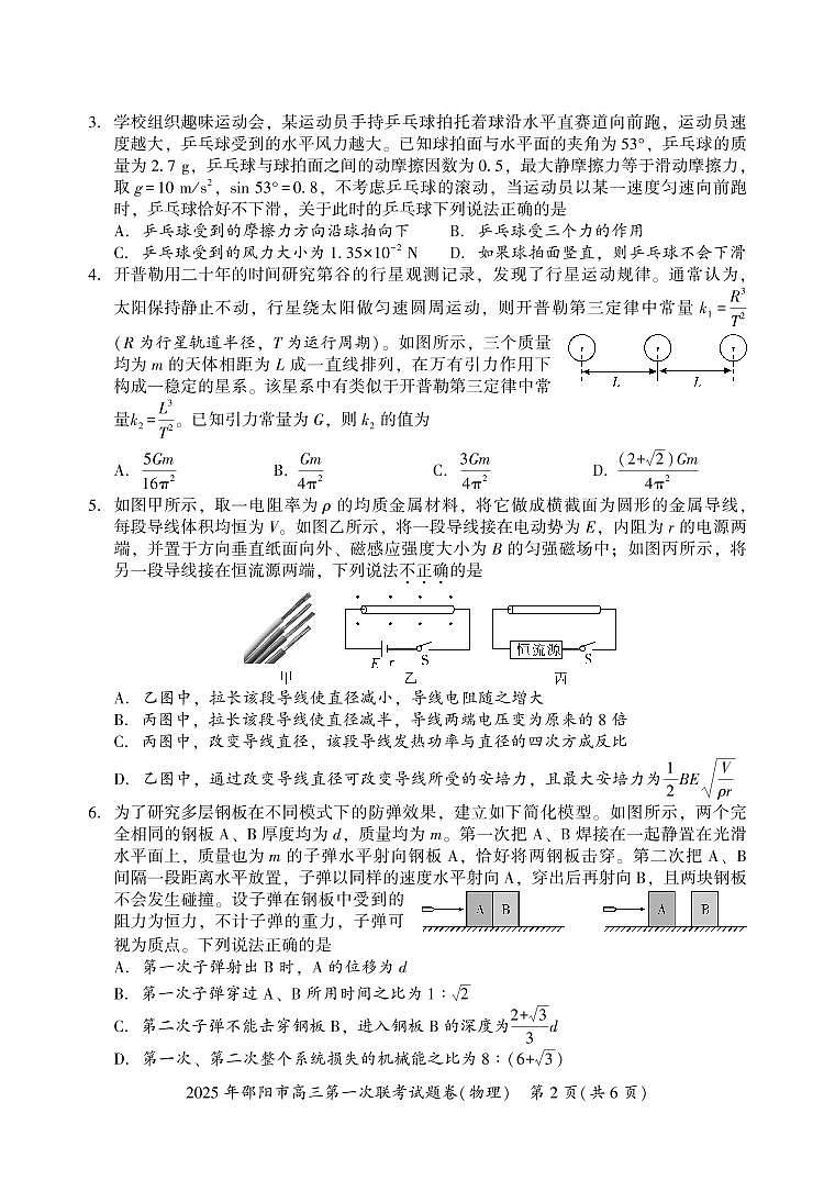 2025 年邵阳市高三第一次联考物理试题第2页