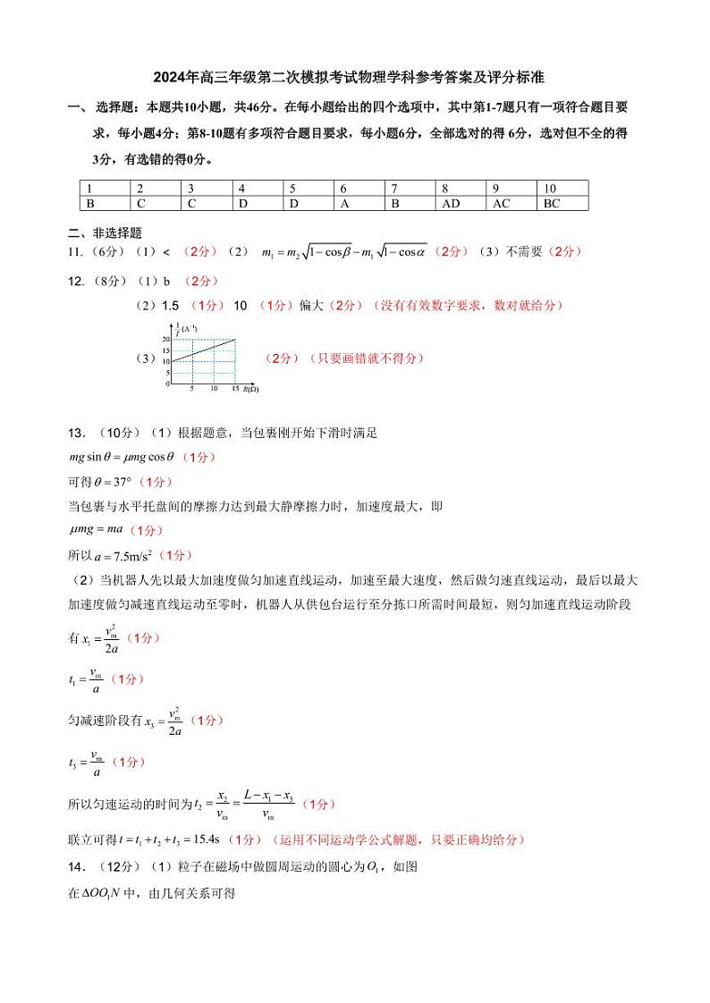 2024二模考试物理参考答案及评分标准第1页