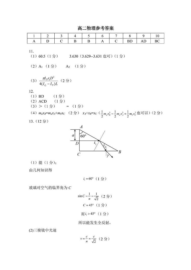 高二物理高二物理参考答案第1页