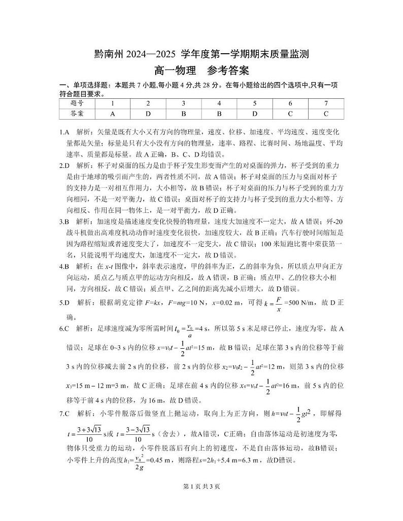 贵州省黔南州2024~2025学年第一学期期末高一物理监测卷及答案 高一物理-参考答案第1页