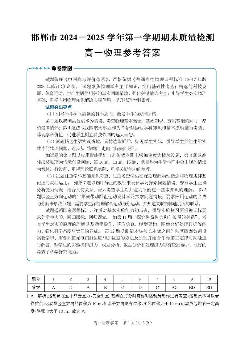 河北省邯郸市2024-2025学年高一上学期1月期末物理试卷答案第1页