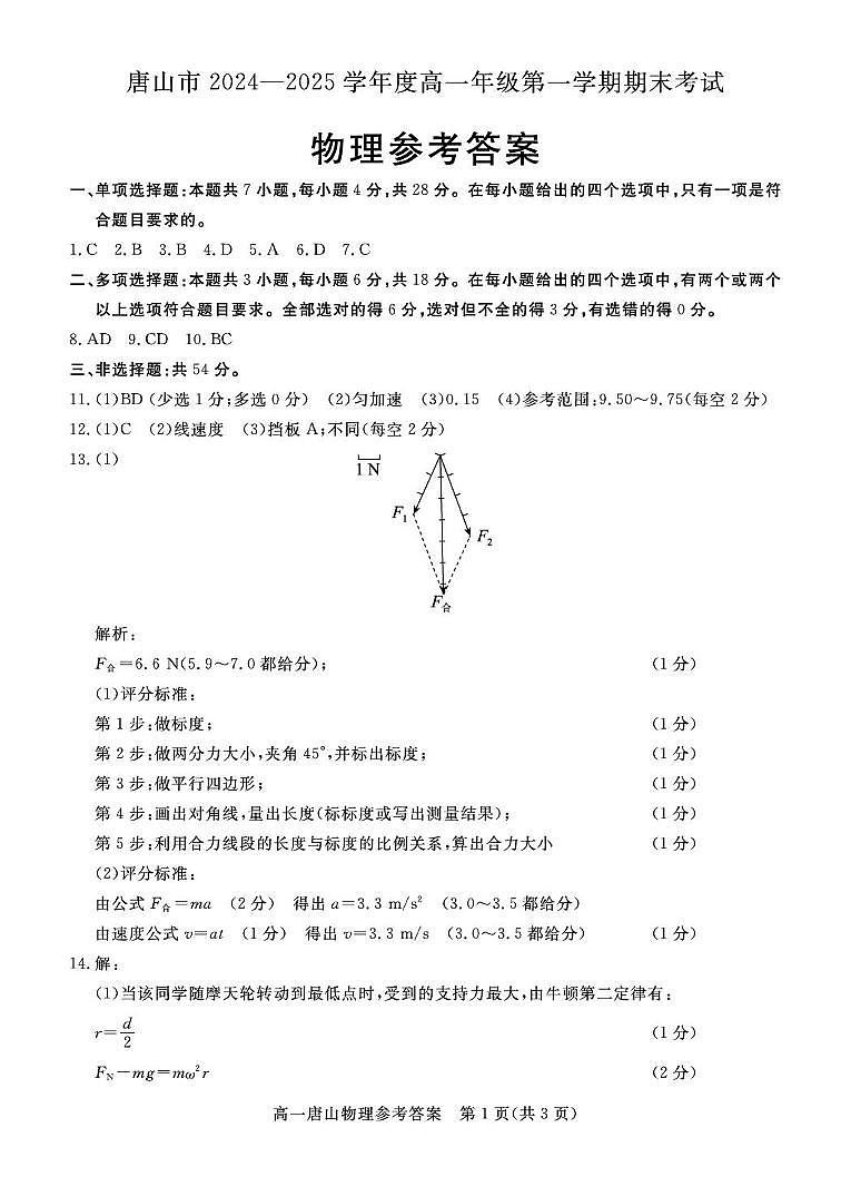 河北省唐山市2024-2025学年第一学期期末高一物理答案第1页