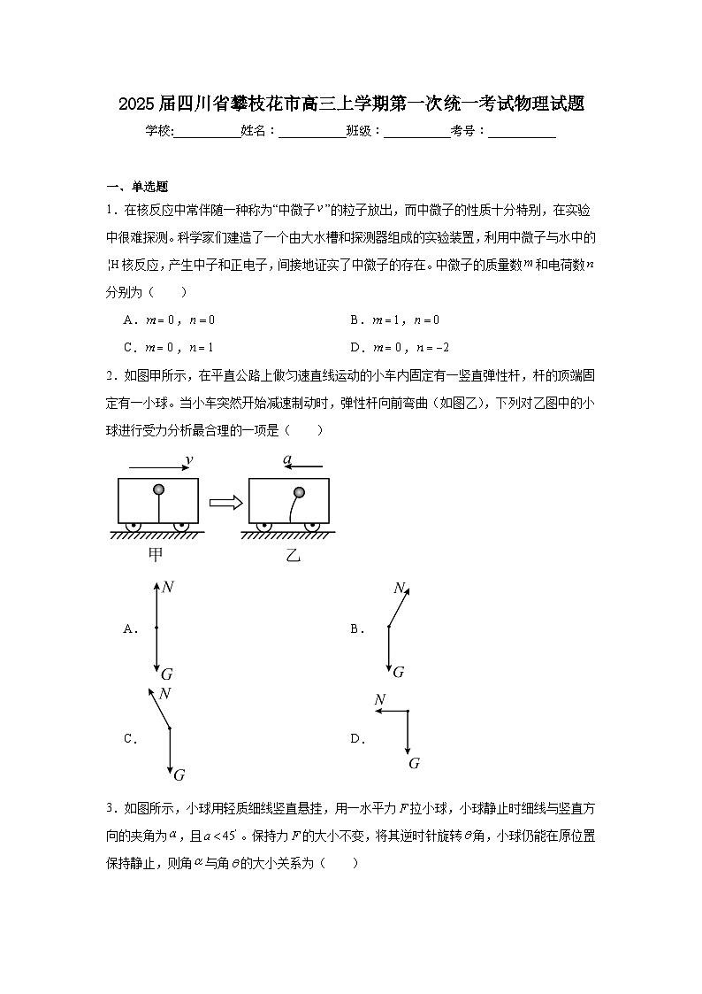 2025届四川省攀枝花市高三上学期第一次统一考试物理试题第1页