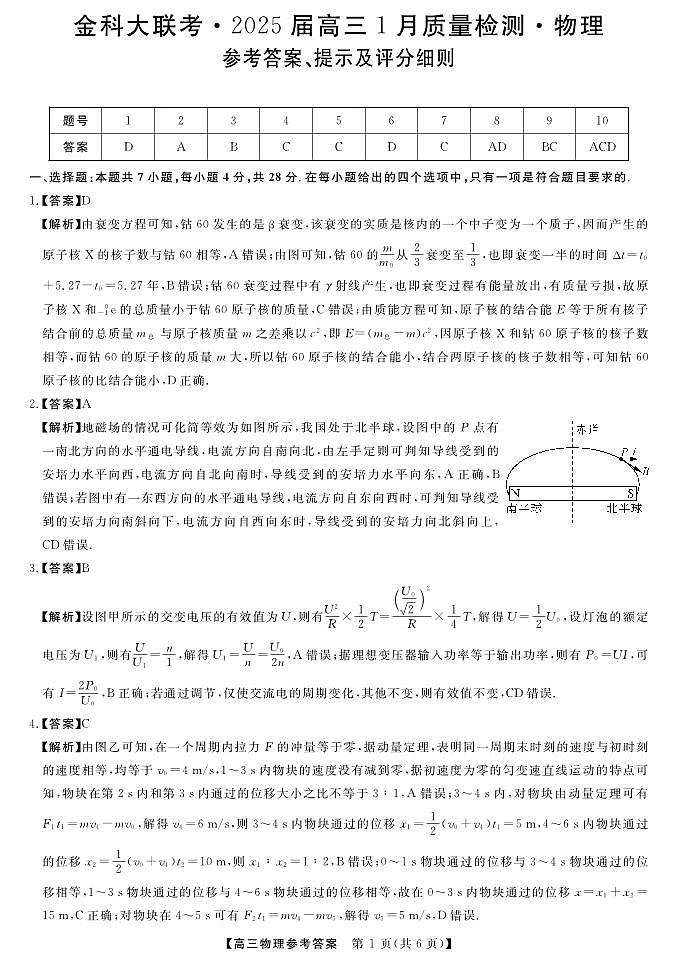 山西省金科大联考2025届高三1月质量检测（25272C）物理答案第1页