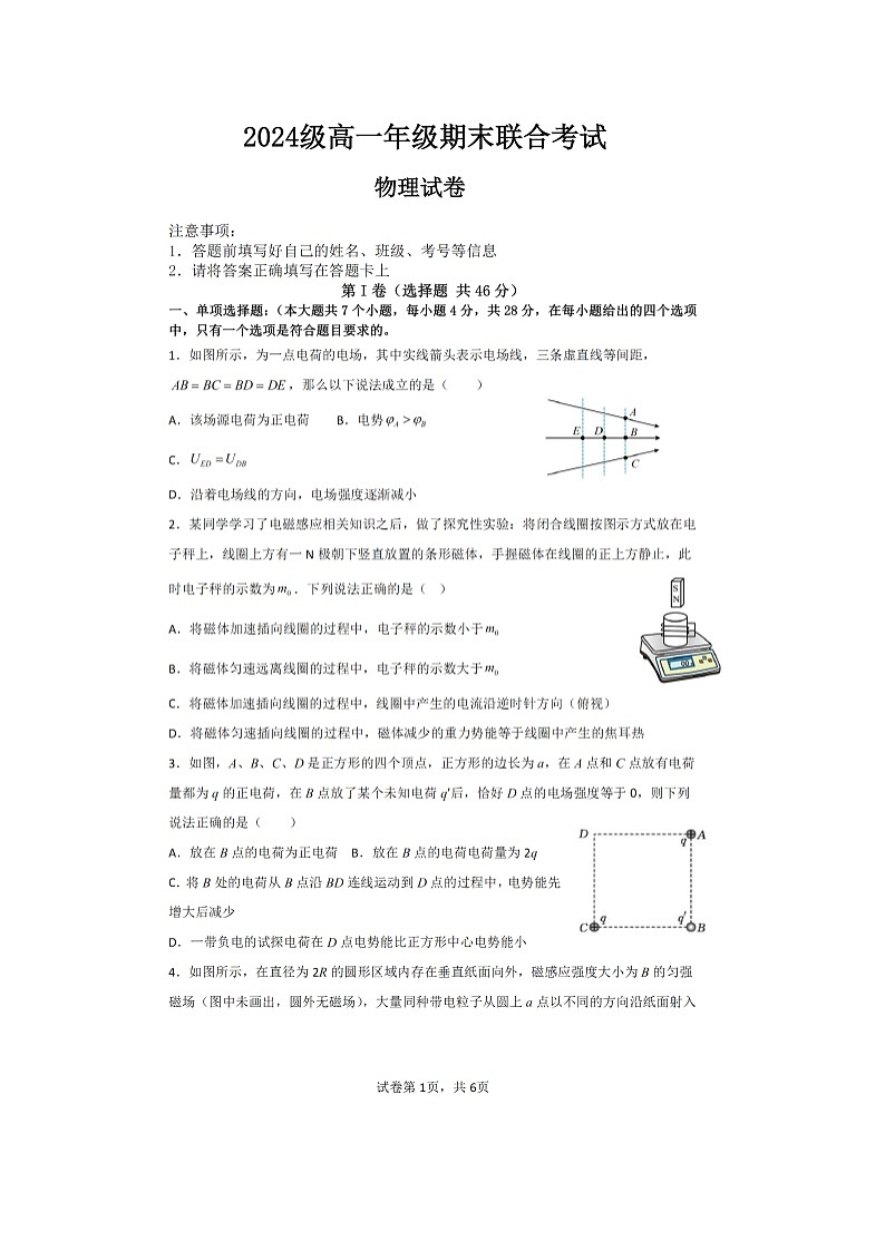 2024-2025学年四川省眉山市东坡区高一上学期1月期末联合考试（图片版）物理试卷第1页