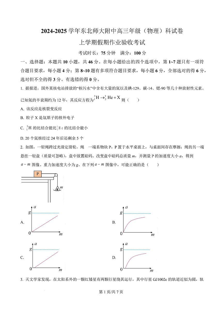 东北师大学附中2025届高三上学期开学验收考试物理试卷（原卷版）第1页