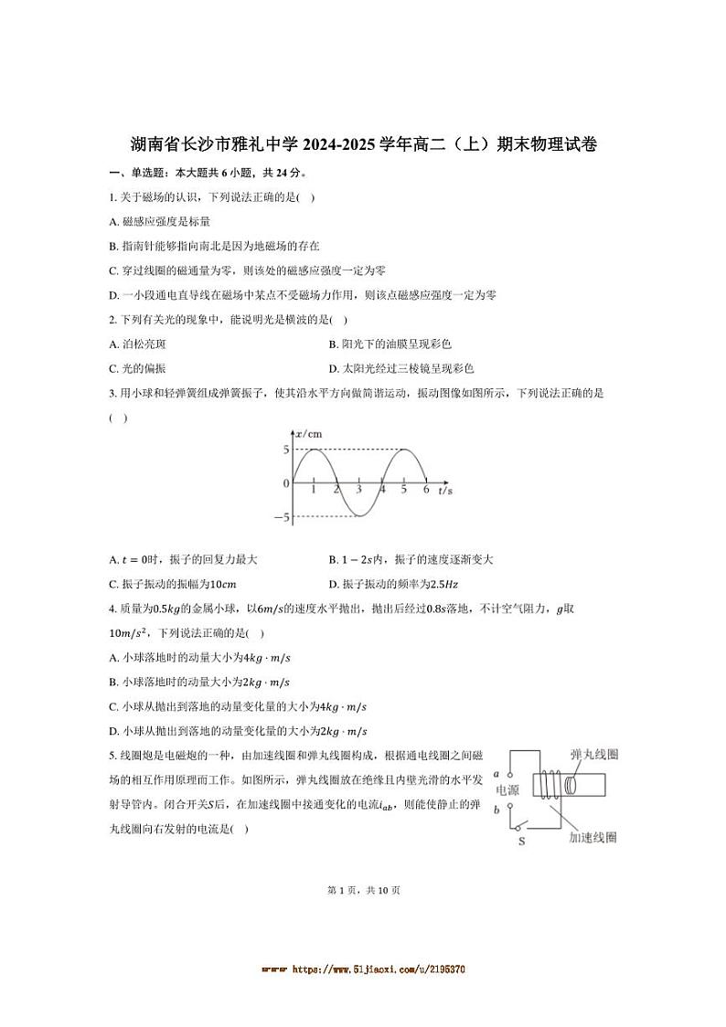 2024～2025学年湖南省长沙市雅礼中学高二上期末物理试卷(含答案)第1页